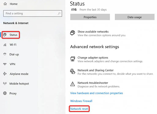 network and internat status on windows pc