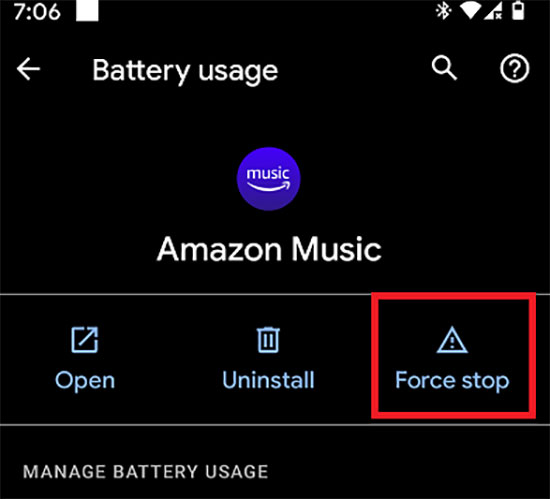 force stop amazon music app