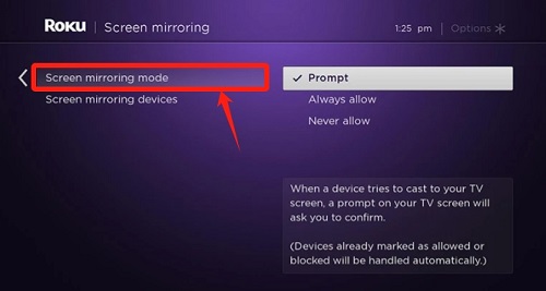 turn on screen mirroring mode on roku