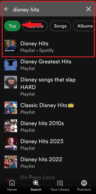 search disney hits on spotify mobie