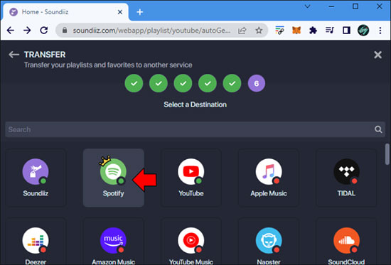select spotify as destination on soundiiz