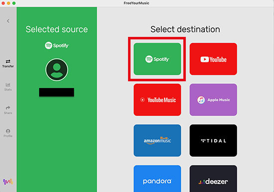 select spotify as target service freeyourmusic