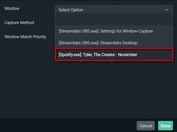 select spotify in streamlabs obs
