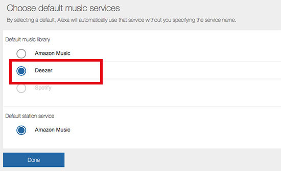 set deezer as default music on amazon echo