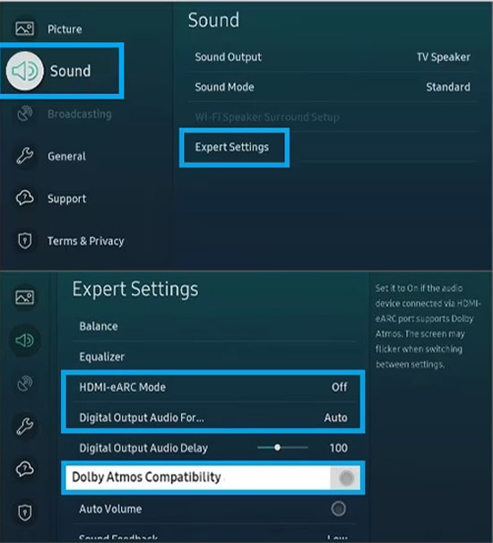 set dolby atmos option on samsung tv