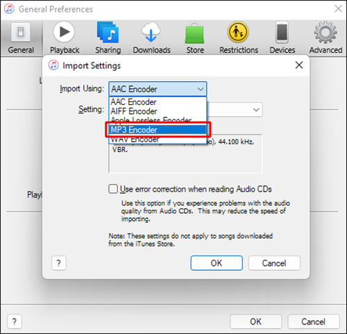 set mp3 encoder in itunes for audible audiobooks