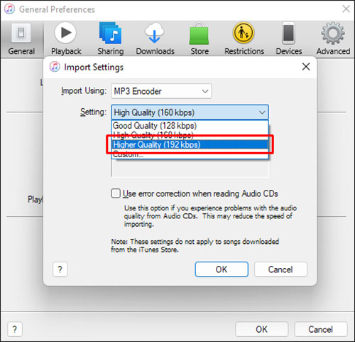 set music quality for itunes