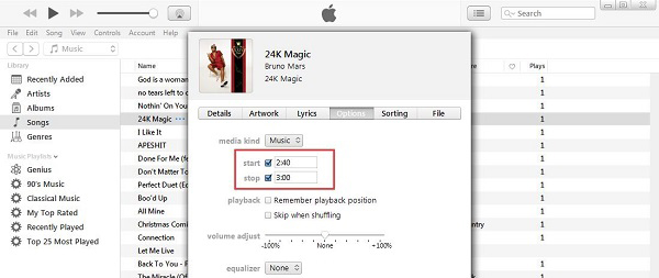 set start and stop time itunes