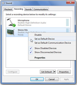 set stereo mix as default device