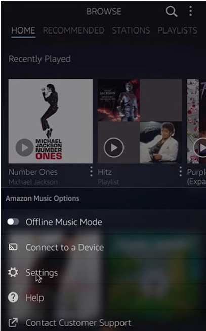 stting option on amazon music