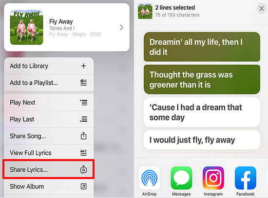 share apple music lyrics to instagram