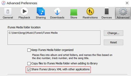 enable to share itunes library with other applications