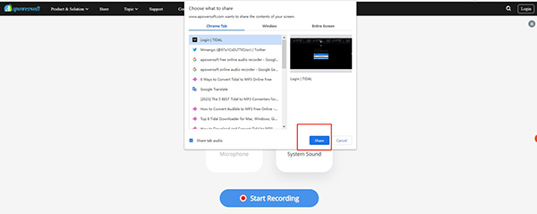 share screen with apowersoft to start tidal to mp3 conversion