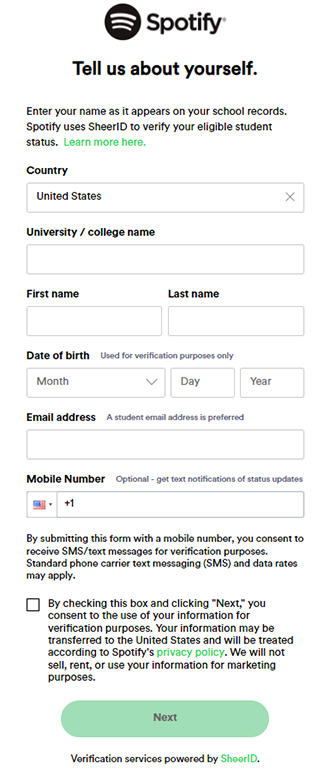 fill sheerid spotify student verification form