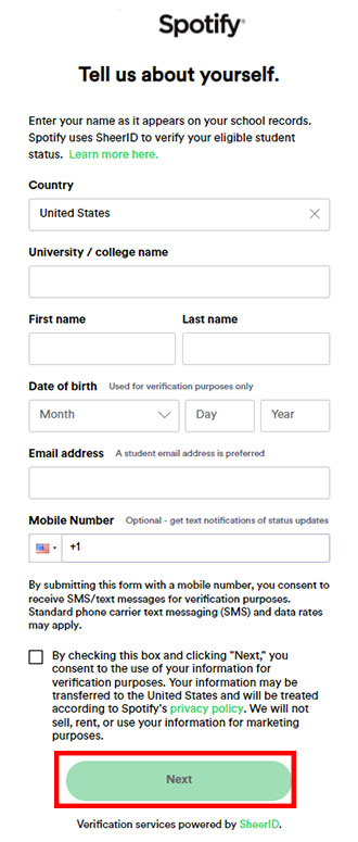 fill sheerid spotify student verification form