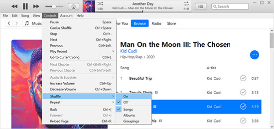 shuffle all songs or albums in apple library on pc