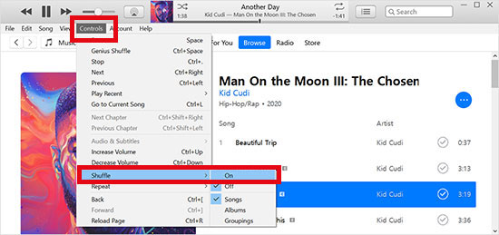 shuffle all songs or albums in apple library on pc