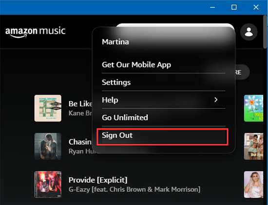 sign out amazon music pc