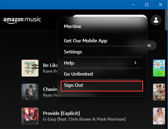 sign out amazon music to fix amazon music not downloading songs