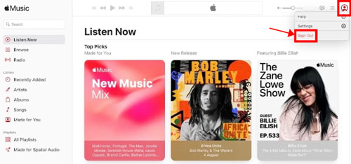 sign out of apple music web player