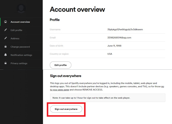 sign out everywhere option on spotify website