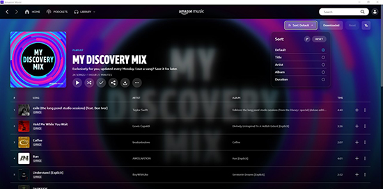 sort amazon music playlist