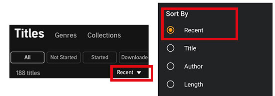 sort audible books by recent on android