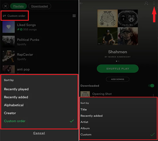 sort by spotify playlist feature on mobile