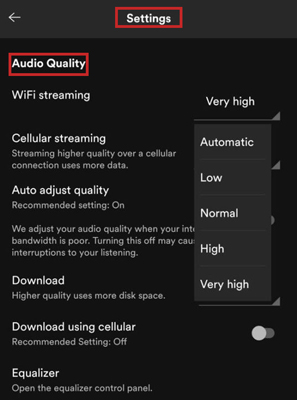 spotify audio quality settings on iphone