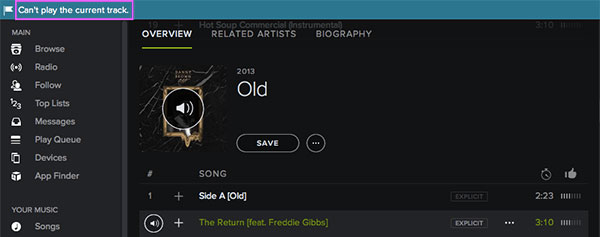 spotify cant play current song