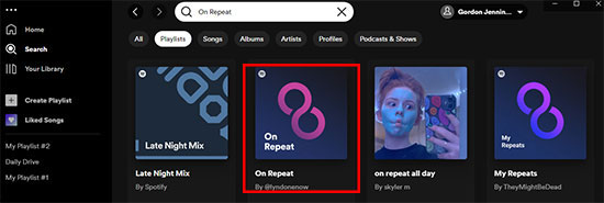 spotify desktop search on repeat options