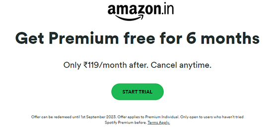 spotify premium free trial 6 months for amazon india