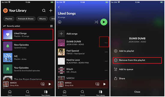 remove liked songs on spotify mobile