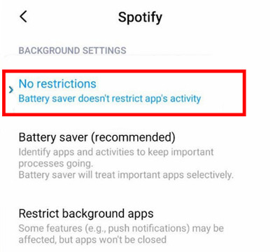 set spotify no restrictions on battery saver