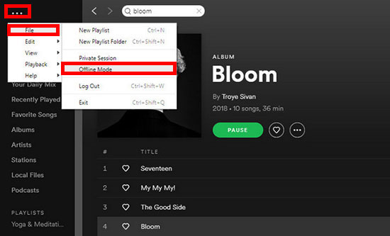 enable desktop spotify offline mode 