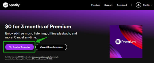 spotify premium 3 month free trial via spotify website