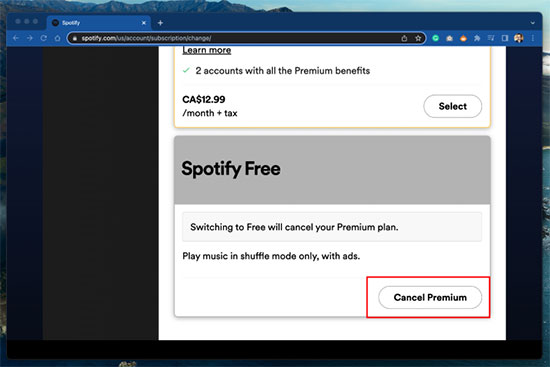 spotify premium cancel button windows