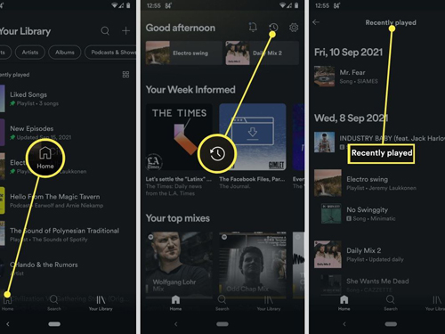 how to see recently played songs on spotify mobile