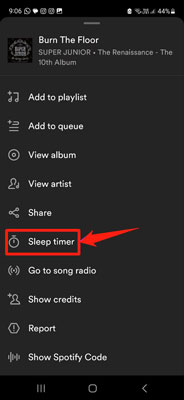 choose sleep timer on spotify android app