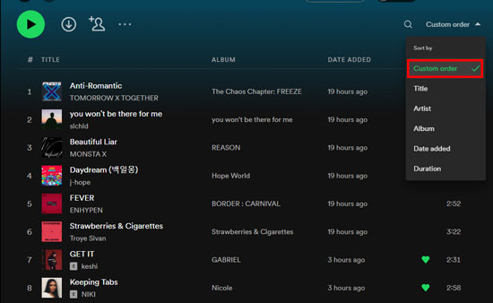 spotify songs custom order
