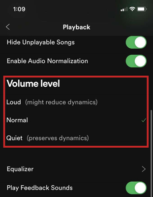 reset volume level to alter spotify music quality on mobile