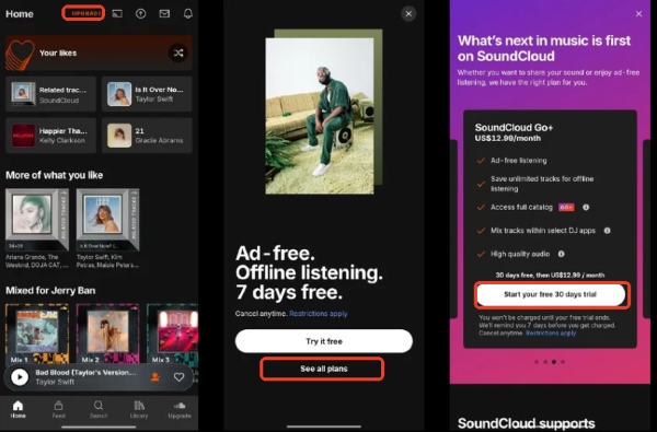 start soundcloud go and go plus free trial on phone