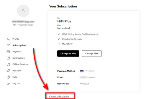 tidal cancel subscription on computer