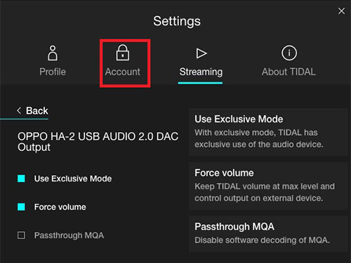 tidal account settings