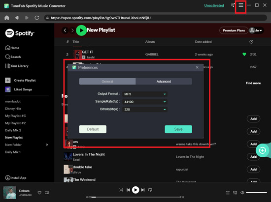 preference advanced settings on tunefab spotify converter