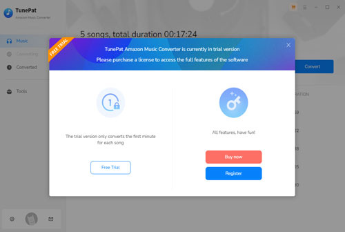 tunepat amazon music converter free trial restriction