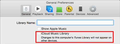 turn off icloud music library on itunes app mac
