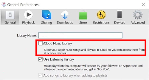 how to disable icloud music library	on pc