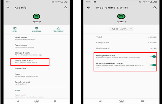 unrestrict background data usage spotify