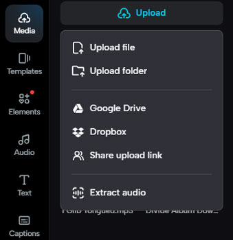 upload options in capcut